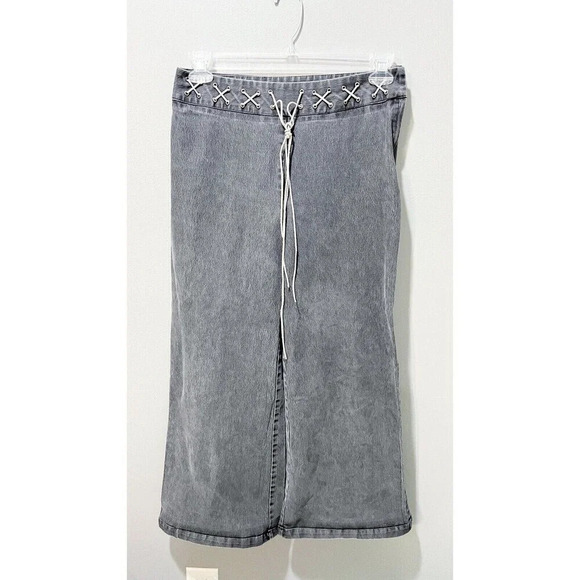 Mikai by Jerry Shabo Denim - Y2K Women’s Wide Leg Gray Pants Mid-Rise Suede Belt Hippie Boho 10 Vintage